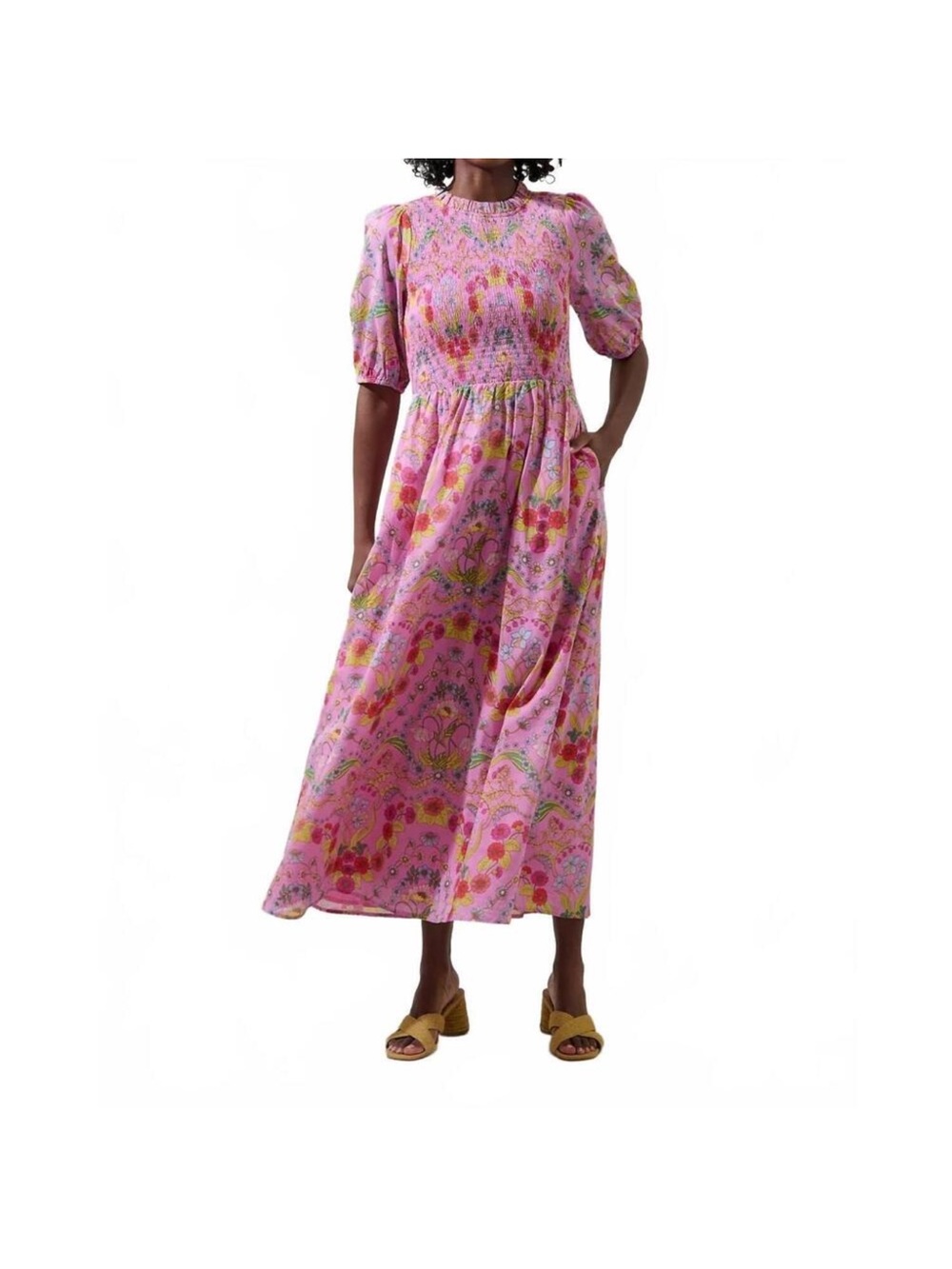 Sugarlips Pink Floral Smocked maxi dress with Multicolor Blooms.
100% cotton.